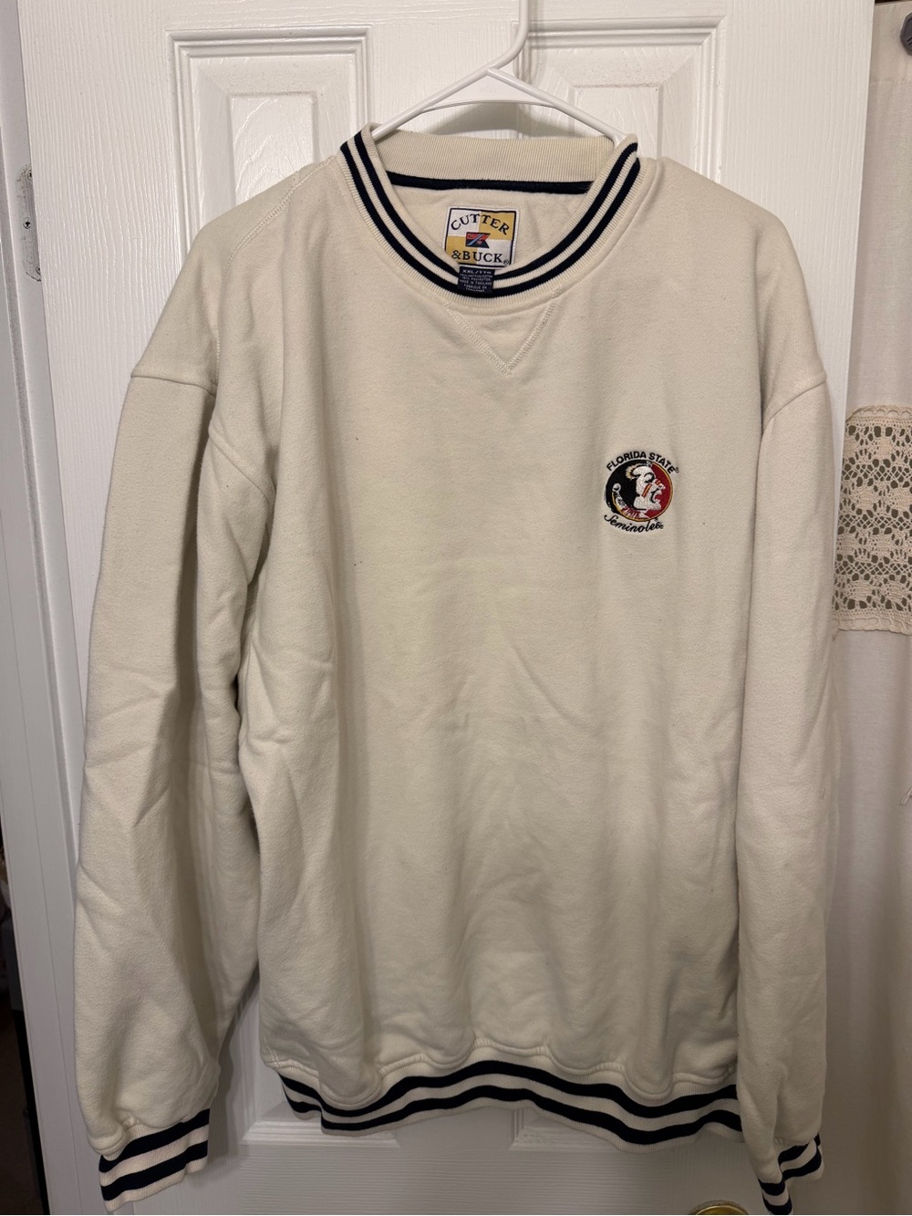 Cutter & Buck Cream Crewneck Sweatshirt with Navy Stripes